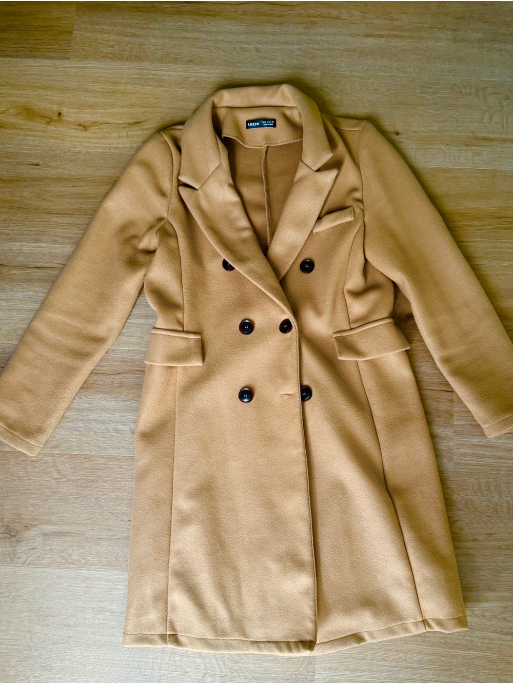 SHEIN Double-Breasted Tan Camel Pea Coat